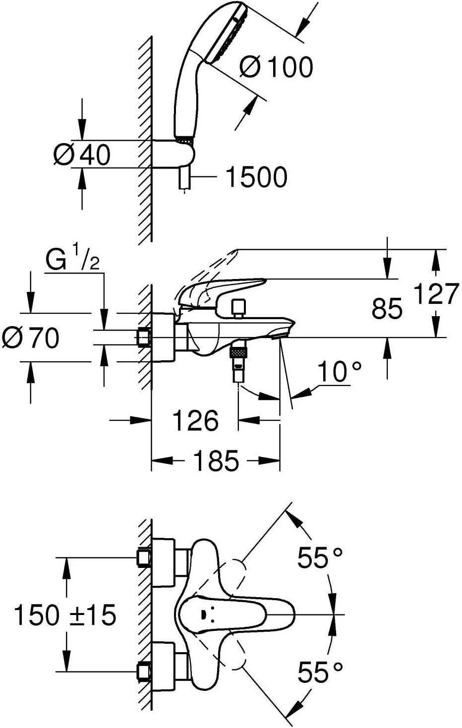 GROHE Eurostyle - Einhand-Wannenbatterie (mit Temperaturbegrenzer, automatische Umstellung, langlebi