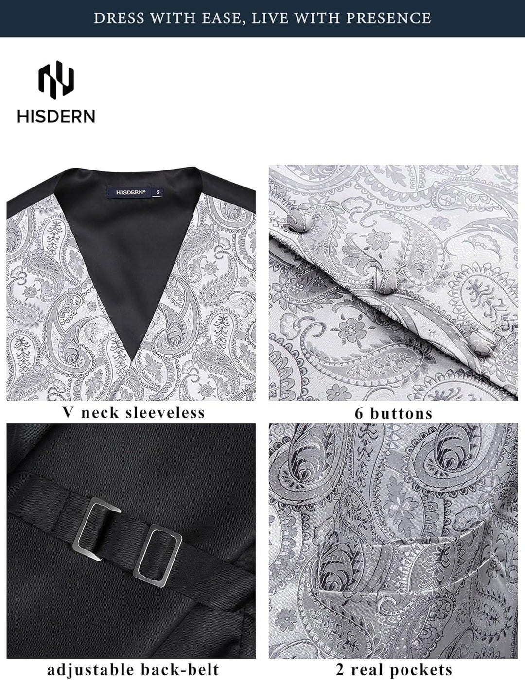 HISDERN Herren FLoral Hochzeit Weste Krawatte Einstecktuch Taschentuch Jacquard Weste Anzug Set M Gr