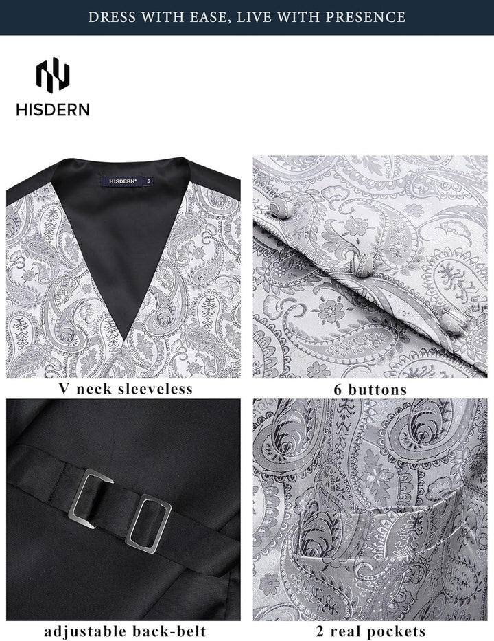 HISDERN Herren FLoral Hochzeit Weste Krawatte Einstecktuch Taschentuch Jacquard Weste Anzug Set L Gr