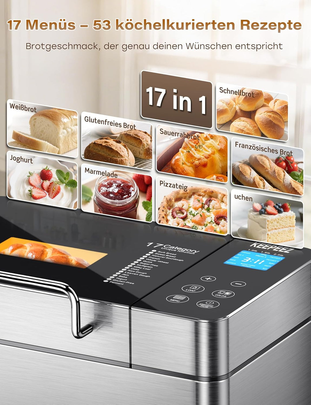 Edelstahl Brotbackautomat, 2LB 17-in-1-Brotbackautomaten mit Obst- und Nussbehälter, antihaftbeschic