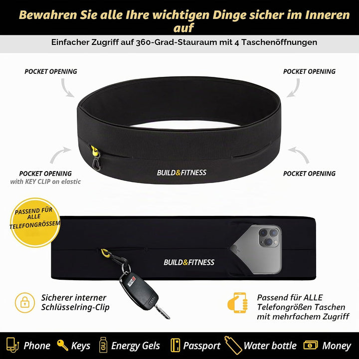Build &amp; Fitness Lauf Gürtel Damen und Herren, Flip-Taille Gürteltasche, Schlüsselclip - Handytasche