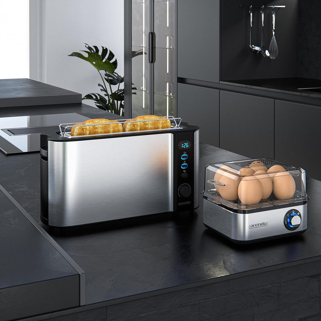 Arendo SET Toaster FRUKOST mit Eierkocher EIGHTCOOK Edelstahl Silber Toaster 2 Scheiben LED-Display