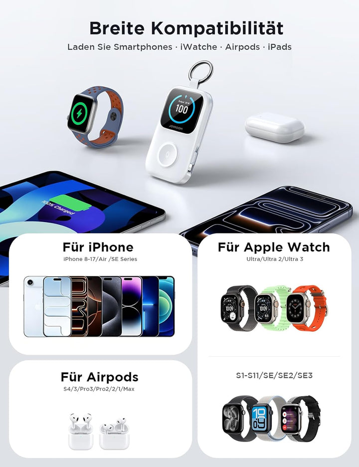 JOYROOM 5000mAh Mini Powerbank für Apple Watch 11 mit USB C Ladekabel,【LED-Display & Schlüsselanhäng