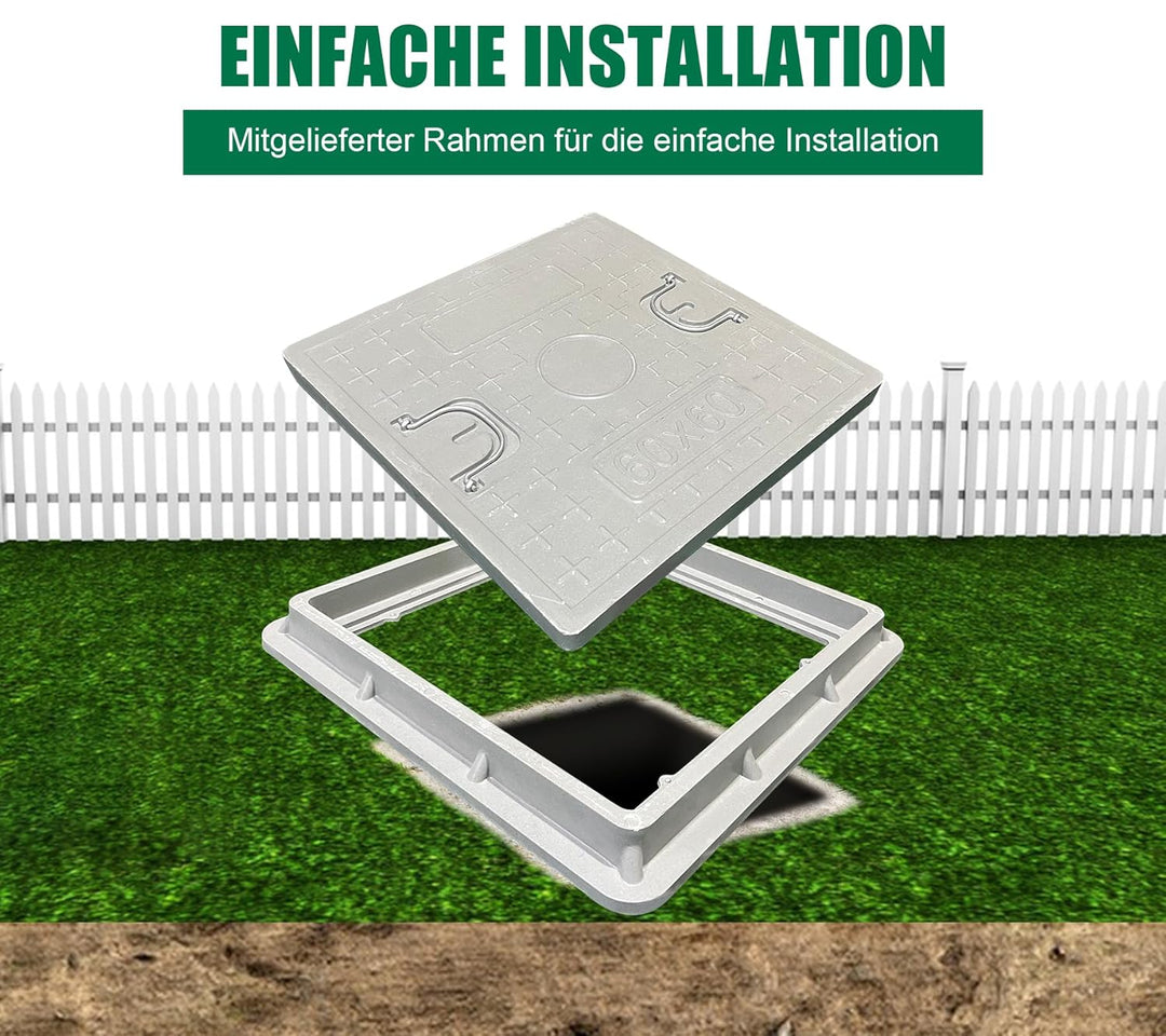 GFK-Schachtabdeckung mit Rahmen 600x600 mm/Deckel: 500x500 mm/Lichte Weite: 440x440 mm Revisionsscha