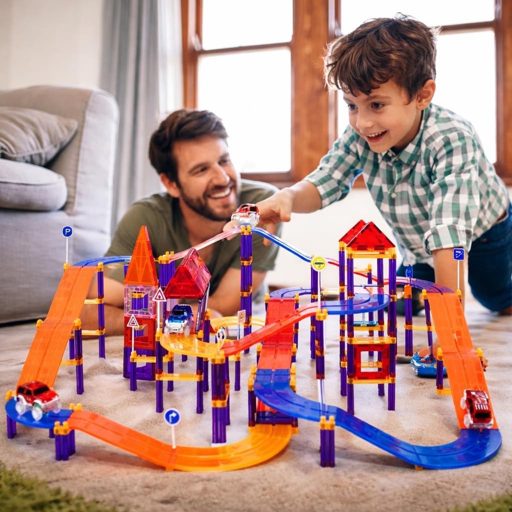 Wonder Toys 122 Stück Rennauto-Bausteine - Lernspielzeug - Magnetfliesen - Spielset 2 LKW - Lernbaus