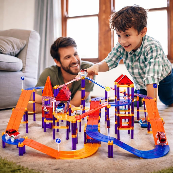 Wonder Toys 122 Stück Rennauto-Bausteine - Lernspielzeug - Magnetfliesen - Spielset 2 LKW - Lernbaus
