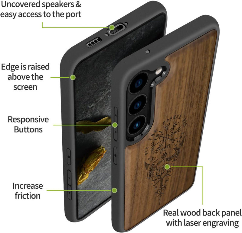 Carveit Handyhülle für Galaxy S23 Case [Holz und TPU Silikon Hybrid hülle] Stossfeste Stossstange ha