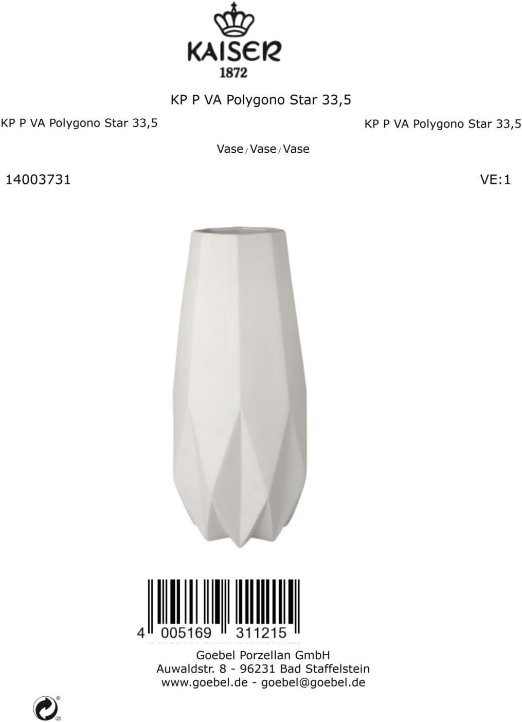 Goebel Polygono Star Vase aus Biskuitporzellan in der Farbe Weiss, Höhe: 33,5cm, 14-003-73-1