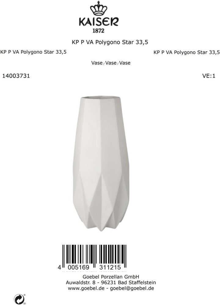 Goebel Polygono Star Vase aus Biskuitporzellan in der Farbe Weiss, Höhe: 33,5cm, 14-003-73-1