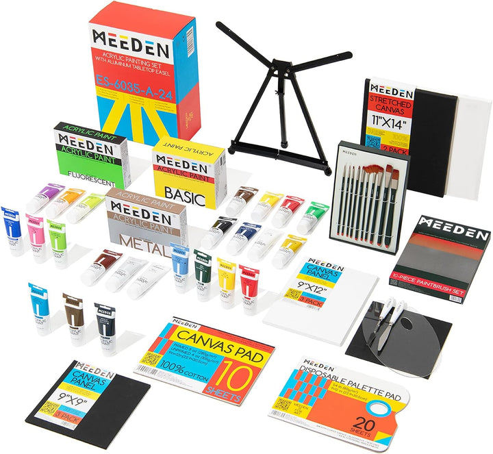 MEEDEN Deluxe Acryl Malset mit 24×120ML Acrylfarben, Aluminium Tischstaffel, 10 Pinsel, Leinwand Pan