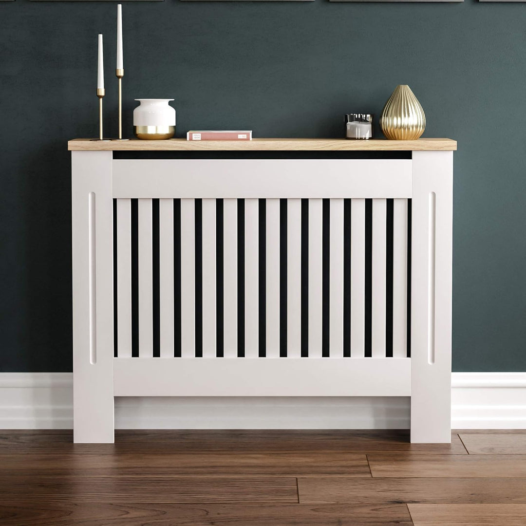 Vida Designs Arlington Heizkörperabdeckung, weiss, moderner lackierter MDF-Schrank, Lamellen, Grill,