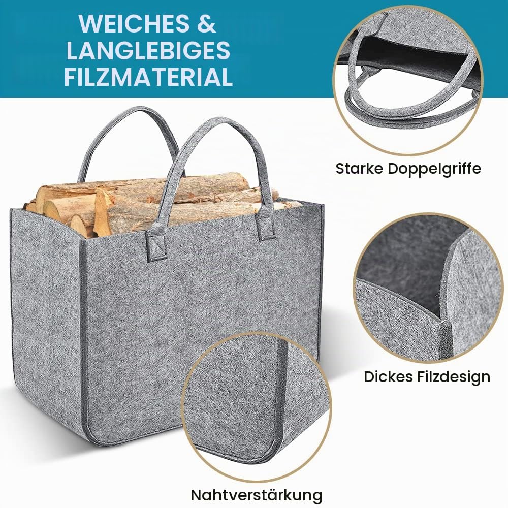2 Stück Filztasche Kaminholztasche aus Filz Kaminholzkorb Filztaschen Einkaufskorb Brennholzkorb Feu
