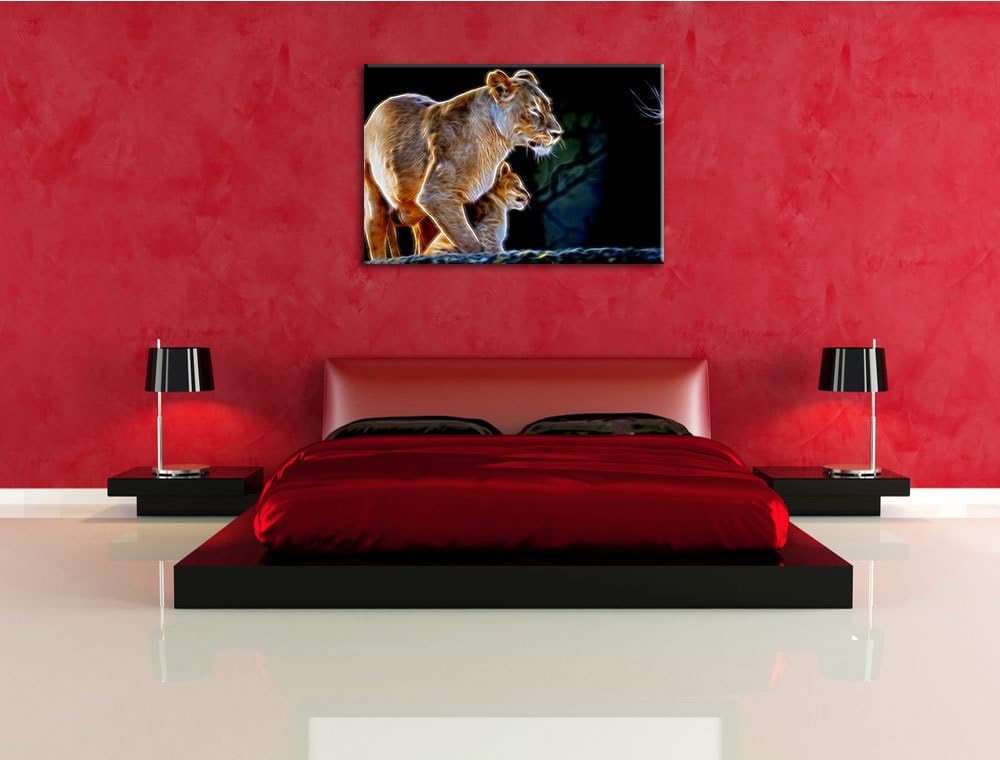 Dark Löwenmutter mit Jungtier Deluxe Format: 100x70 cm auf Leinwand, XXL riesige Bilder fertig gerah