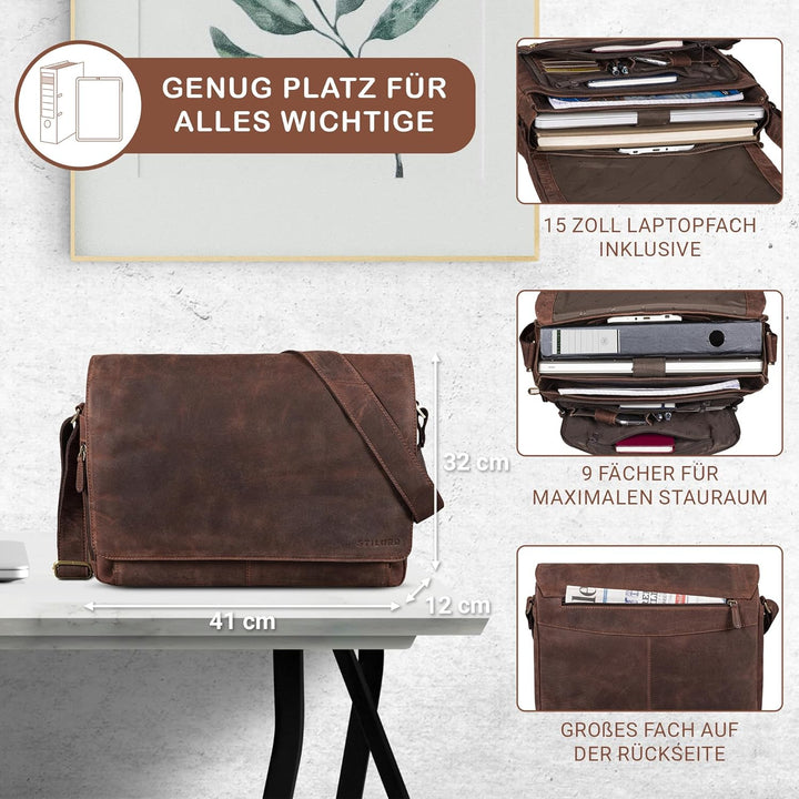 STILORD 'Tom' Vintage Leder Umhängetasche für Studium Uni Büro Arbeit 15 Zoll Laptoptasche DIN A4 Sc