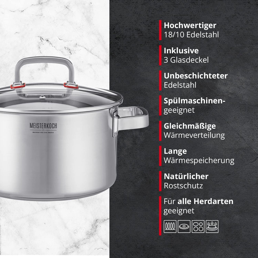 MEISTERKOCH Premium-Topfset aus rostfreiem Edelstahl | Profi-Kochgeschirr 4-teilig inklusive 3 Glasd