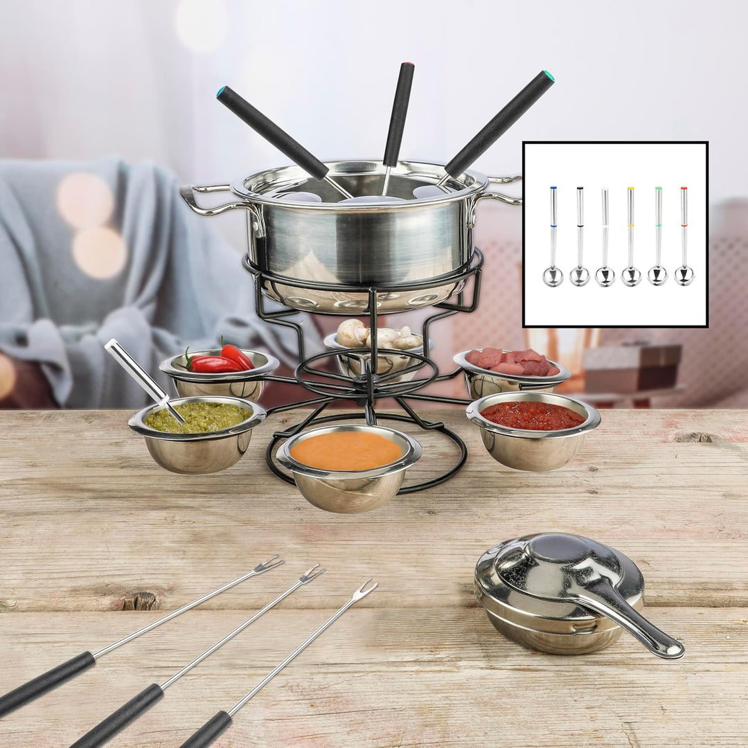 Lentz Fondue-Set aus Edelstahl für 6 Personen | inklusive Besteck | betrieben mit Brennpaste | Topf