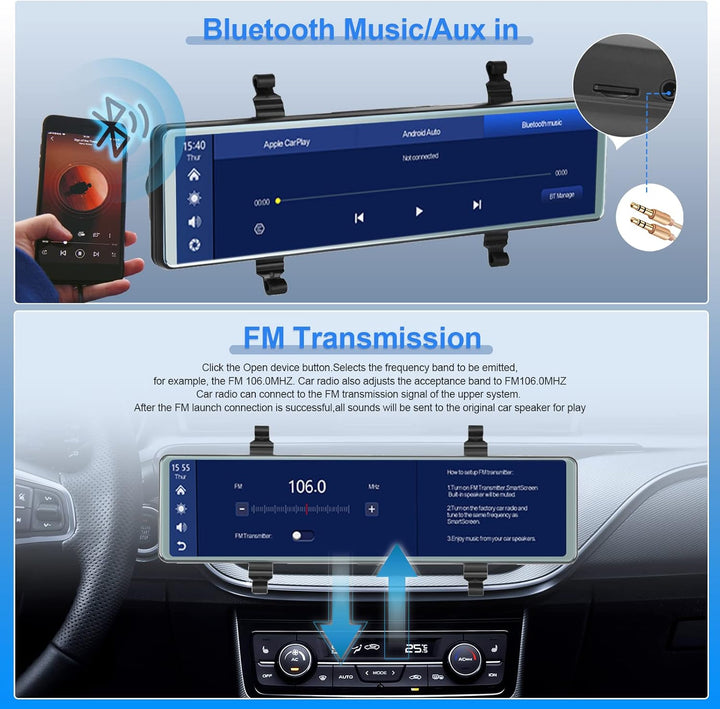 Hodozzy Kamera Auto Dash Cam Rückspiegel Carplay Wireless Android Auto, Bluetooth 11,26 Zoll Touchsc