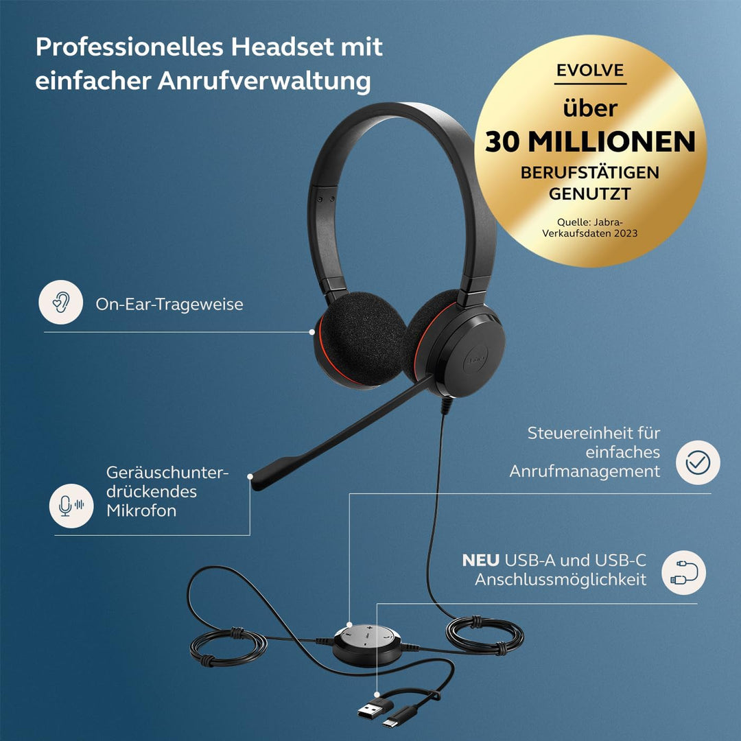 Jabra Evolve 20 Stereo Headset - Unified Communication Zertifizierte Kopfhörer für VoIP Softphone mi