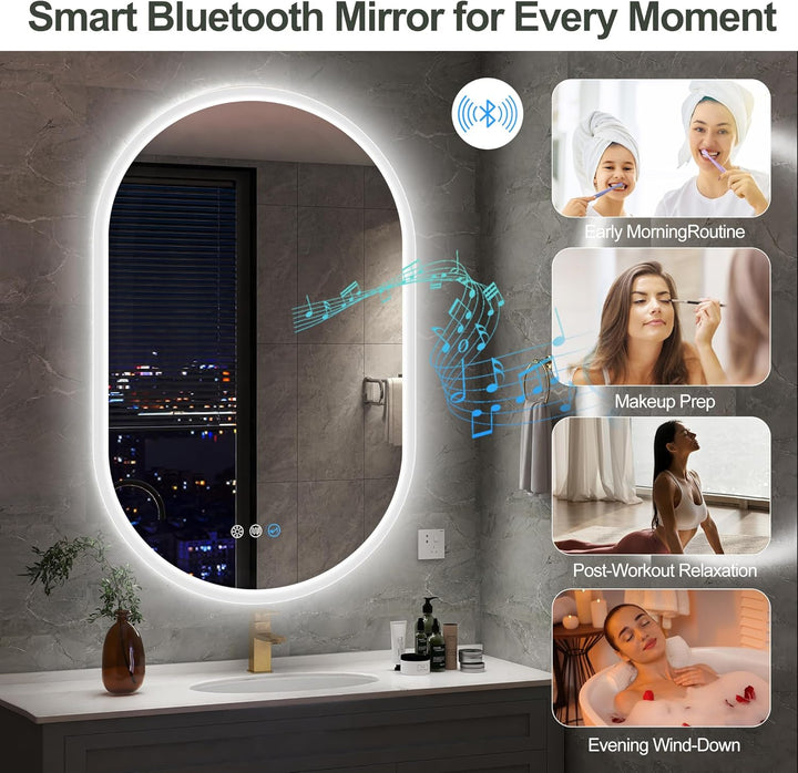 S'bagno Badspiegel-mit-Beleuchtung 60x90cm, Oval-Badezimmerspiegel-mit-Beleuchtung und Bluetooth, En