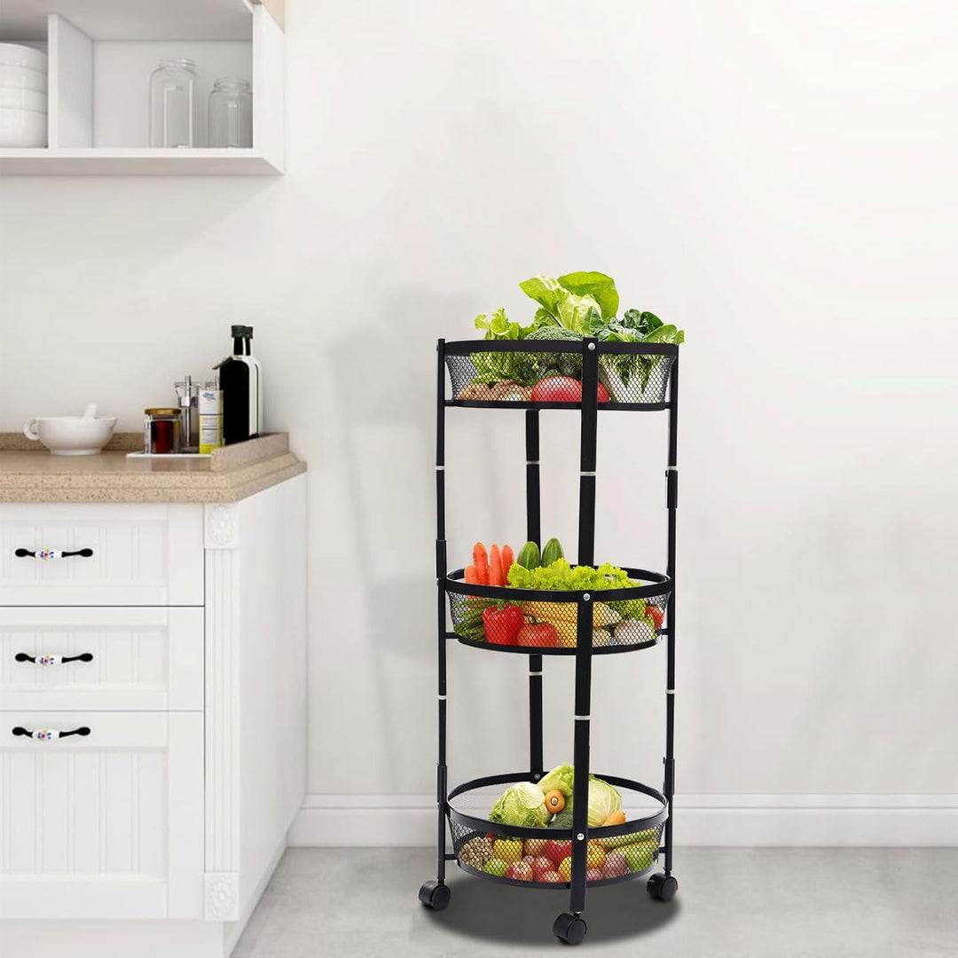 Gemüsewagen 3-stufig 37.5x37.5x88 cm schwarz mit Rollen für Küche | Aufbewahrungsregal mit 4 Rädern