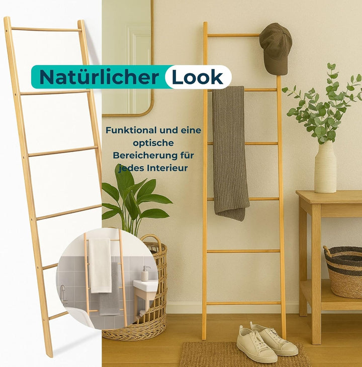 BUDDLEY Handtuchleiter - Bambus - extra breit - Deko-Leiter - Wäscheleiter - Leiterregal - Kleidung