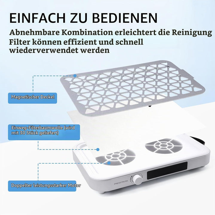 Staubabsaugung für Nägel，Professionelle Nagelstaubsauger mit 30PCS Filterpads，1600PA tragbar, 10 Ges