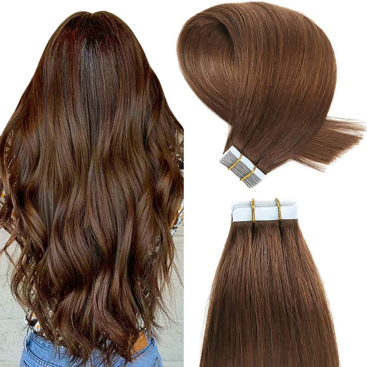YILITE Tape Extensions Echthaar, Mittel braun 40cm 20 Stück/Packung 40g Tape in Extensions Echthaar