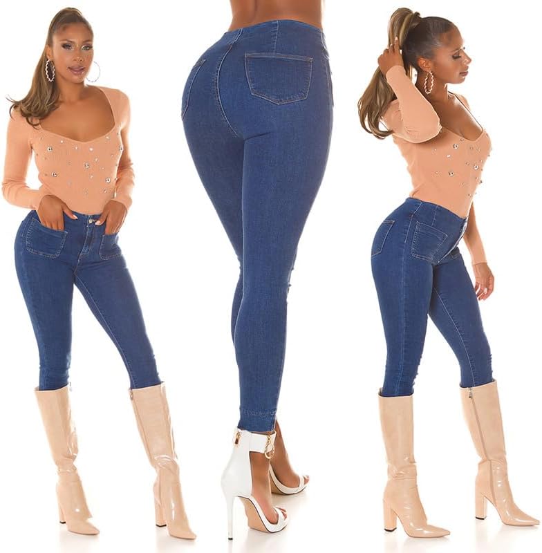 High Waist Skinny Jeans mit Fashion Taschen 36 Blau, 36 Blau