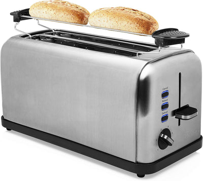 Princess Langschlitz-Edelstahltoaster - 6 einstellbare Bräunungsstufen mit Brötchenaufsatz, herausne