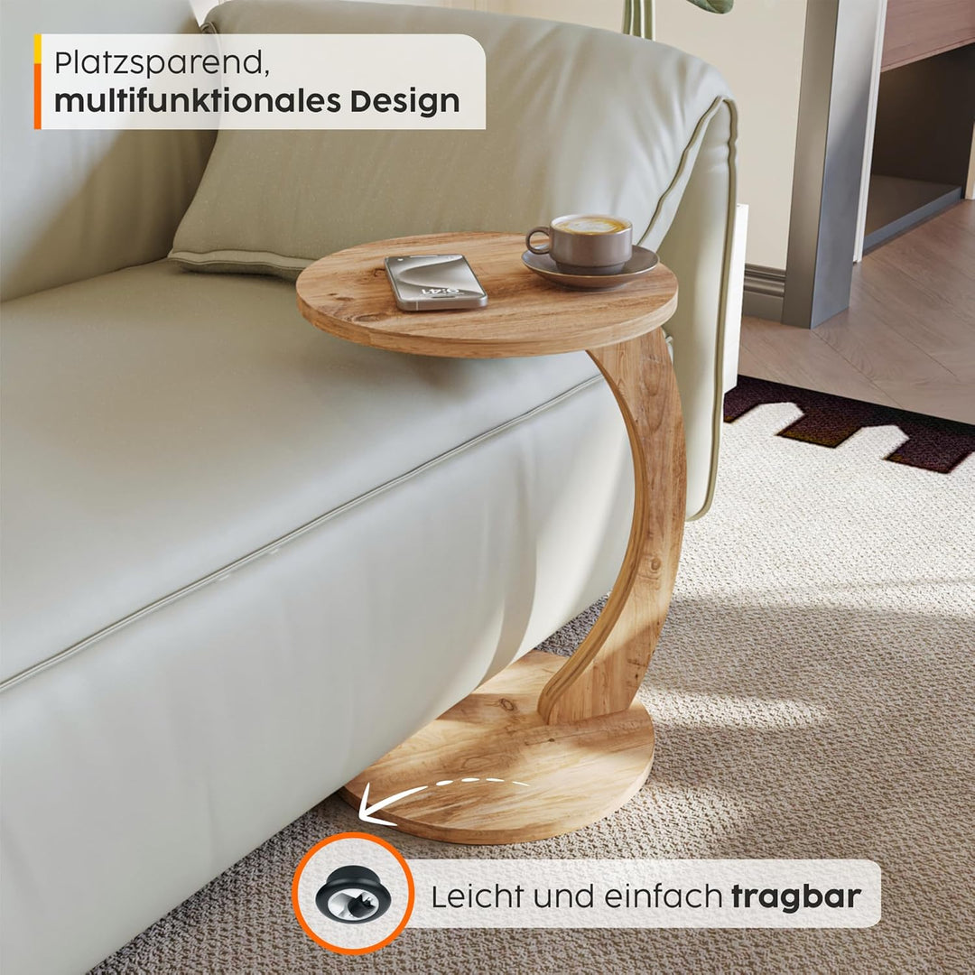 sugodesign Couchtisch mit Rollen, Kleiner Beistelltisch C Form, stylischer Sofatisch aus Holz in sch