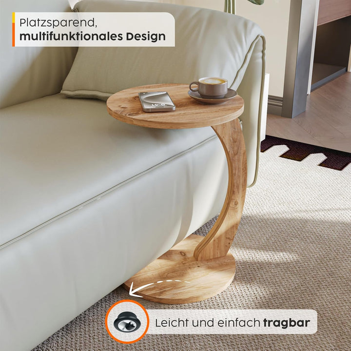 sugodesign Couchtisch mit Rollen, Kleiner Beistelltisch C Form, stylischer Sofatisch aus Holz in sch