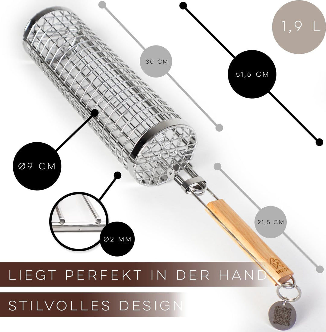 EdelKüche Premium Grillkorb (XXL) aus Edelstahl für Gemüse und Fleisch | Rund, Zylindrisch | Grillzu