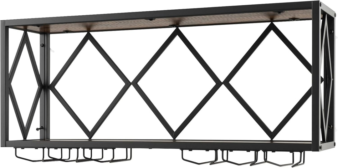 COSTWAY Weinregal Wand, 2 Ebenen Flaschenregal Holz mit Metallrahmen, mit 6 Reihen Weingläserhalter,