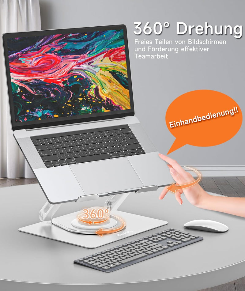 BoYata Laptopständer für Schreibtisch mit 360° Drehbarer Basis, Ergonomisch Verstellbarer Laptop Ris