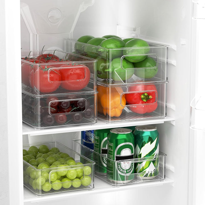 FINEW Kühlschrank Organizer 6er Set (3 Grössen), Stapelbare Speisekammer Vorratsbehälter, Durchsicht