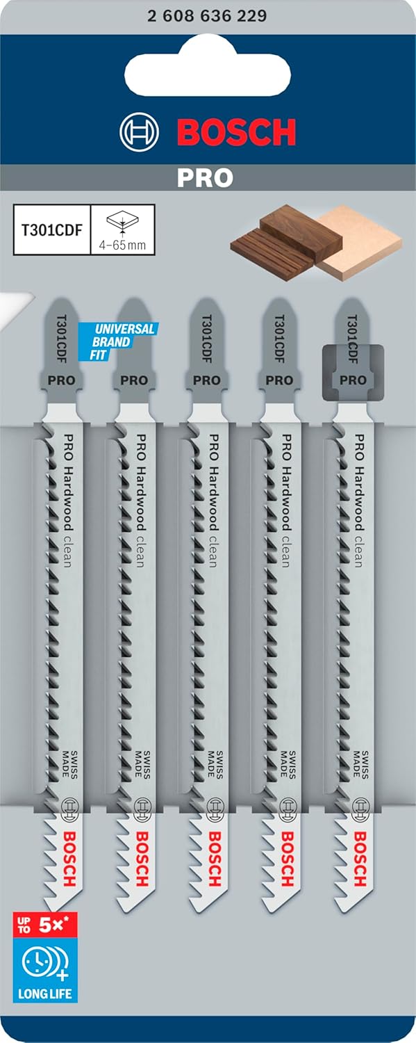 Bosch 5x Stichsägeblatt T 301 CDF Clean for Hard Wood (für hartes Holz, gerader Schnitt, Professiona
