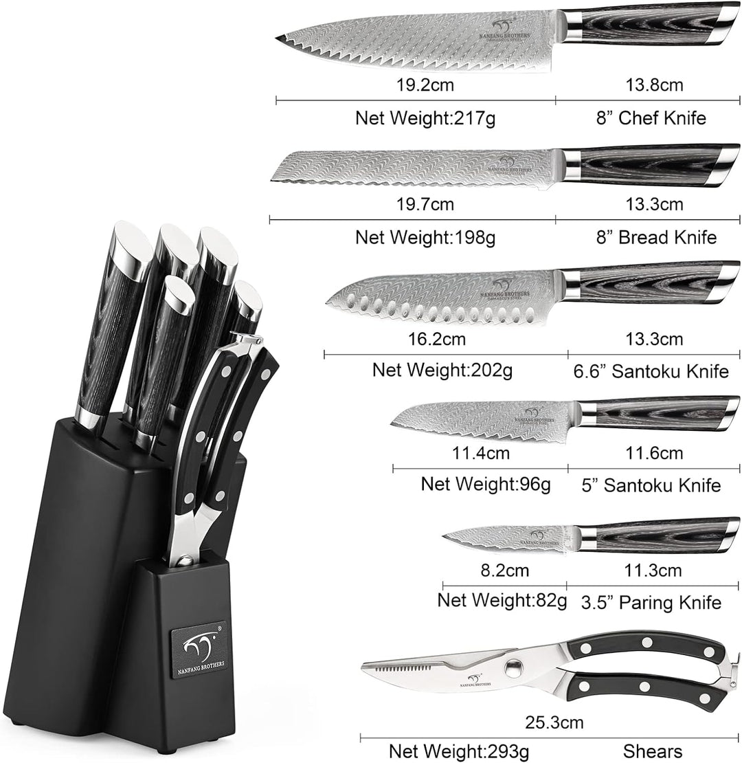 NANFANG BROTHERS Damast-Küchenmesser-Set 7-teilig, VG10 Japanisches Profi-Küchenmesser-Set Damast mi