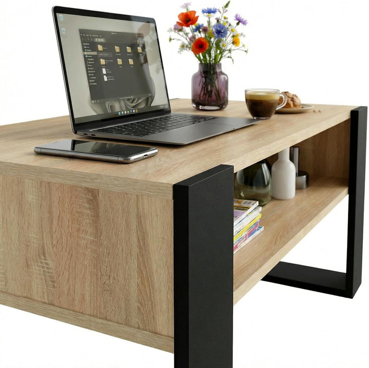 CraftPAK Wohnzimmer Tisch für Couch aus hochwertigem Holz, moderner Couchtisch mit zusätzlicher Abla
