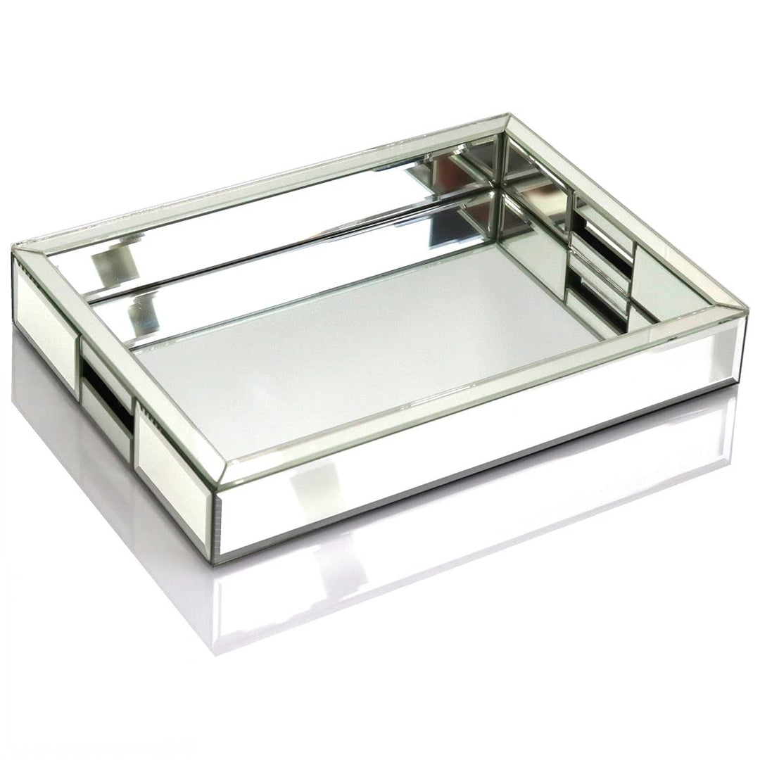 Quadratisches silberfarbenes Spiegeltablett, Grösse 27.9 cm Längex35.6 cm Breitex5.1 cm Höhe, verspi