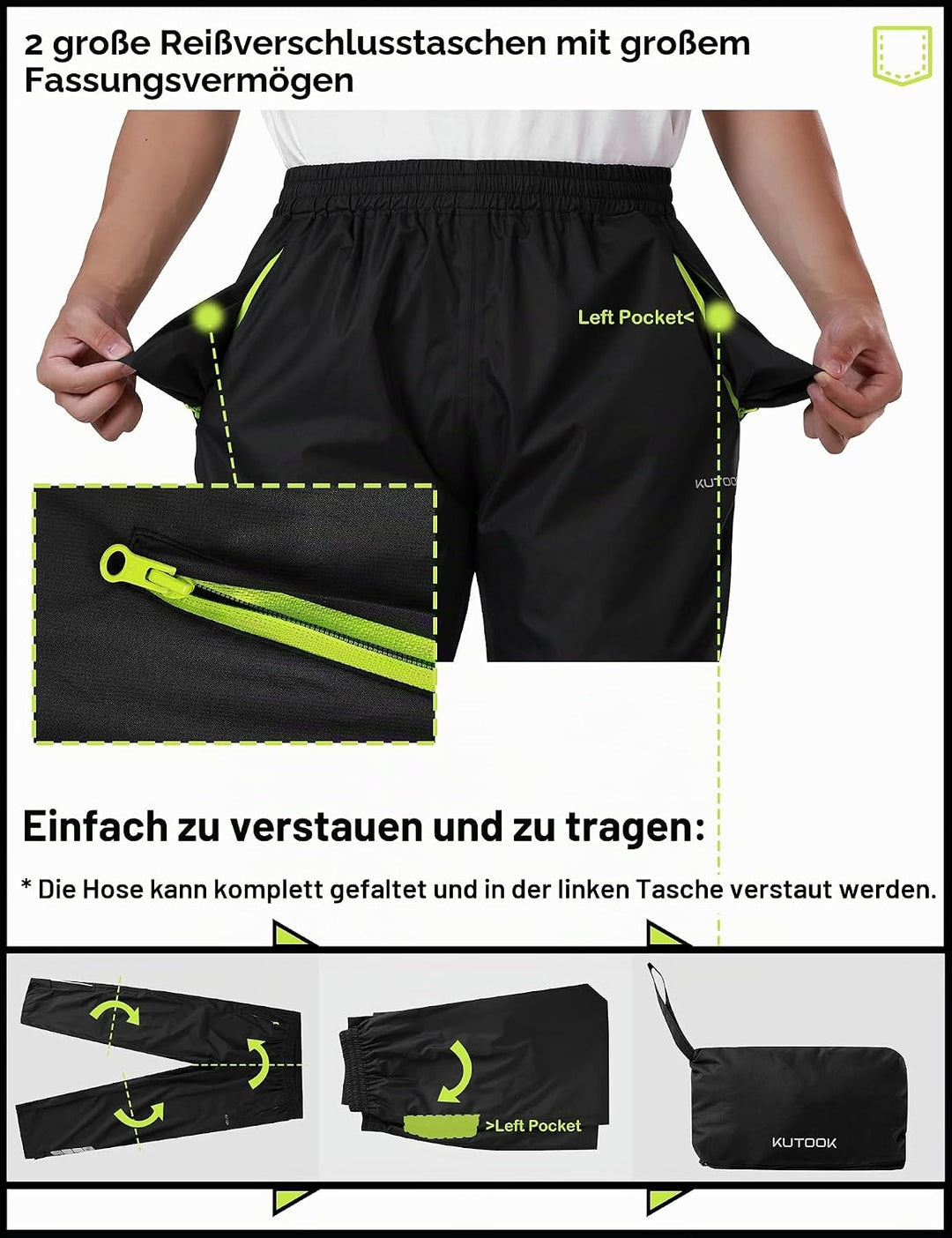 KUTOOK Fahrradhose Regenhose Wasseridicht Herren Waterproof Rating: 5000mm Atmungsaktiv mit 2 Tasche