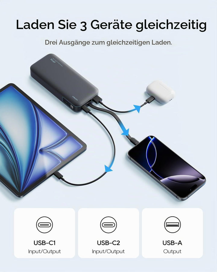 CUKTECH CP24 20000 mAh Powerbank mit Integriertem USB-C-Kabel, 40W PD Schnellladung Power Bank mit 3