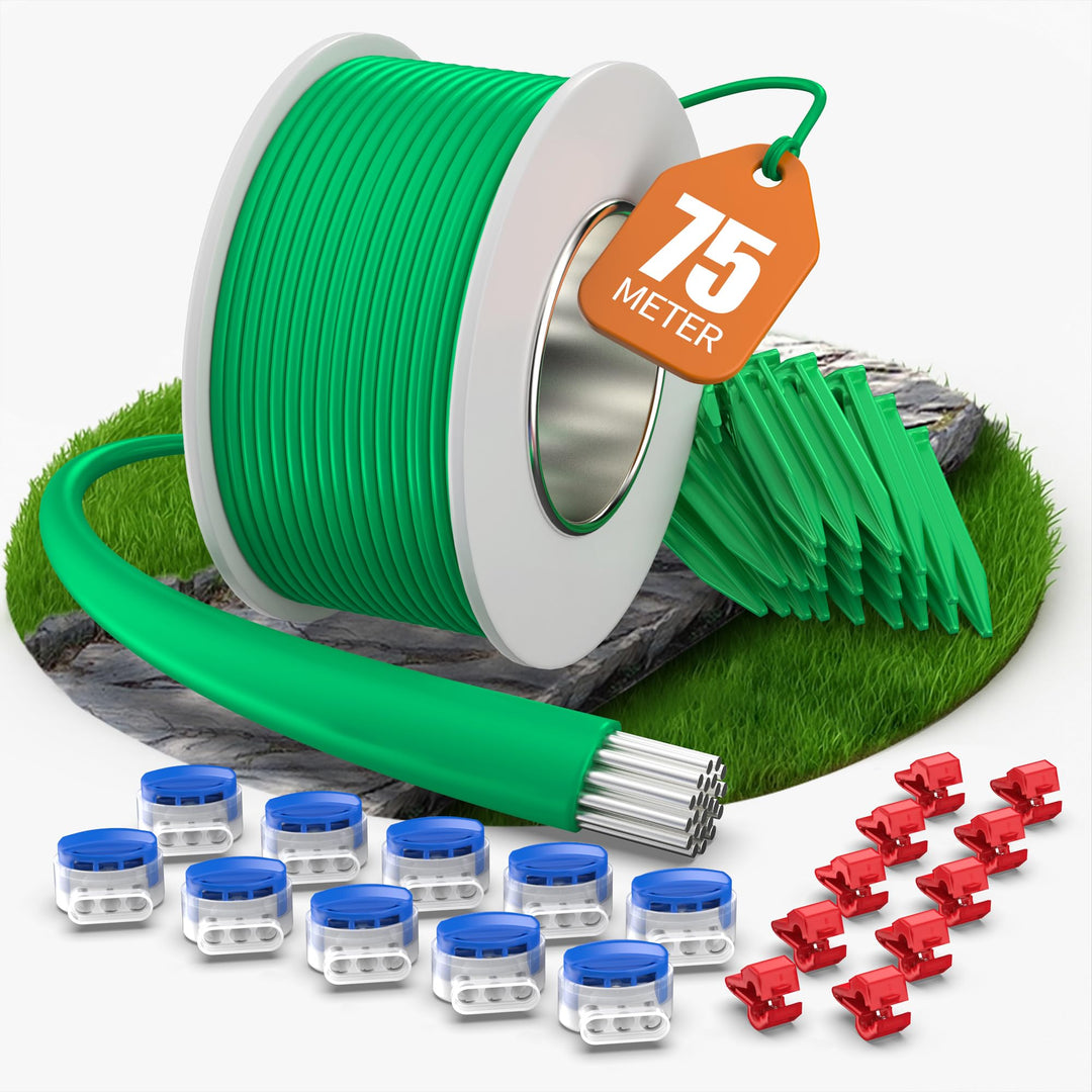 COZCLAM 75m Universal Begrenzungskabel Mähroboter mit 50 Erdspiesse + 10 Kabelverbinder + 10 Anschlu