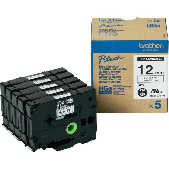 BROTHER HGE231V5 5x Schriftbandkassette 12mmx8m weiss schwarz laminiert fuer P-touch P500PC 9700PC 9