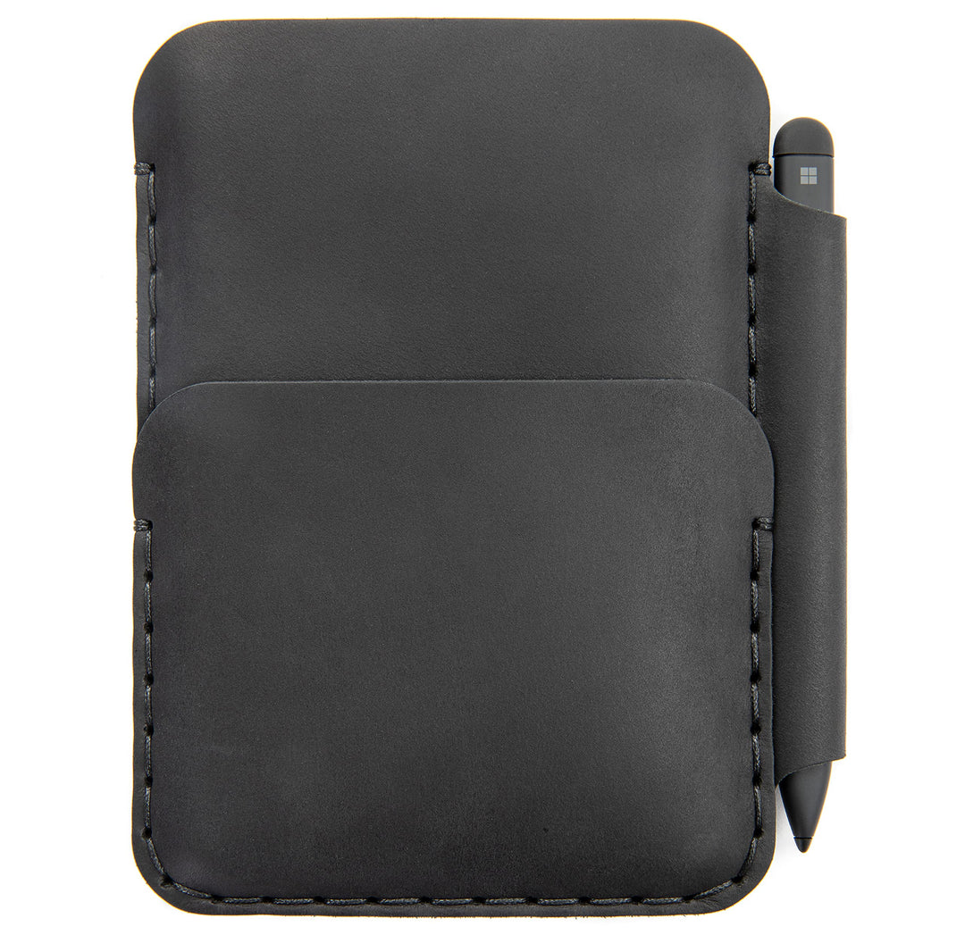 Leder Tasche für Microsoft Surface Duo 1st Gen mit Original Bumper. Mit Pen Tasche (Schwarz), Schwar