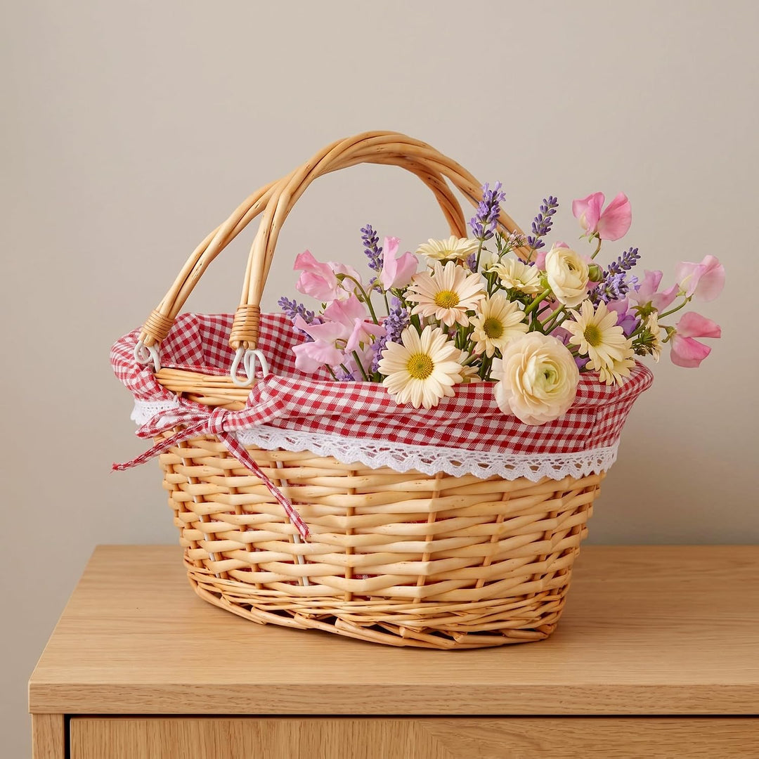 Weidenkorb mit Henkel, 36x28x17cm Oval Picknickkorb Geflochten | Weidenkörbchen mit Doppelfaltgriffe