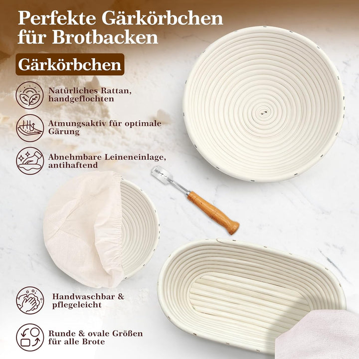 Sauerteig Starter Set mit Gärkörbchen, Brot Backen Zubehör Komplettset, Sauerteig Zubehör für perfek
