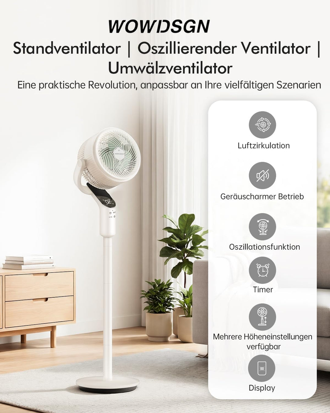 WOWDSGN Standventilator mit Fernbedienung, leiser Ventilator 22 dB, Windgeschwindigkeit 7,2 m/s, 70°
