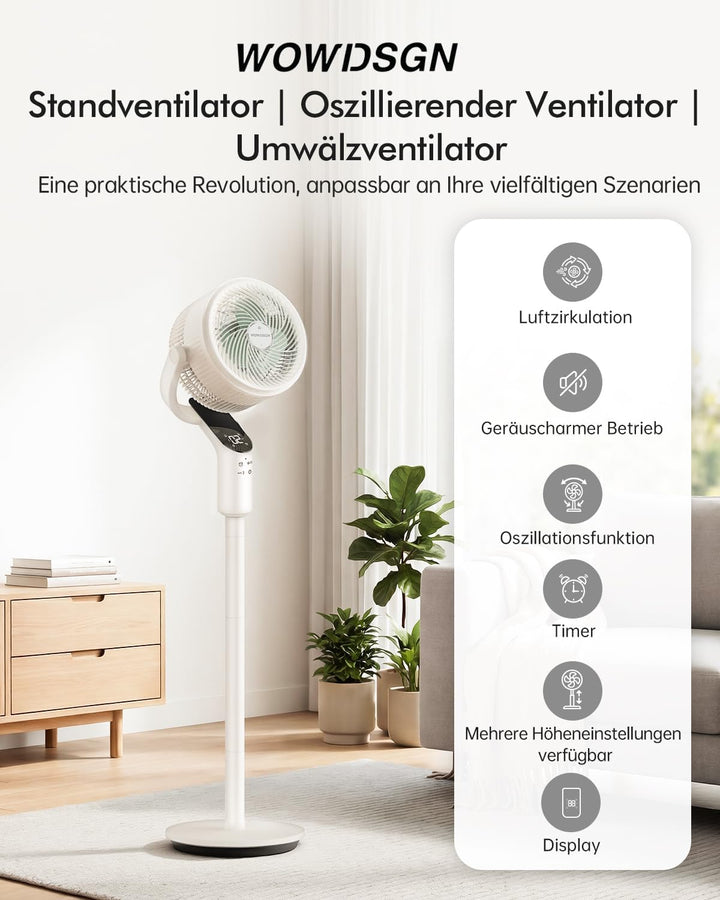 WOWDSGN Standventilator mit Fernbedienung, leiser Ventilator 22 dB, Windgeschwindigkeit 7,2 m/s, 70°