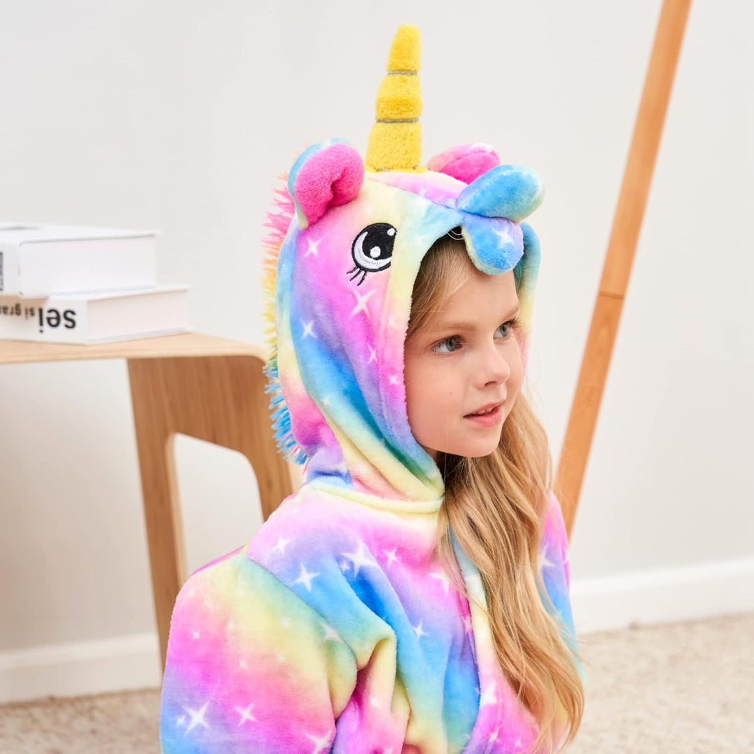 Ceruwum Einhorn Bademantel für Mädchen Weich Fleece Morgenmäntel mit Kapuze 4-5 Jahre Regenbogen, 4-