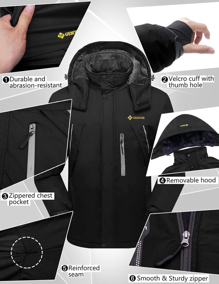 GEMYSE Herren Skijacke Outdoor Winter Wasserdicht Winddicht Bergjacke mit Kapuze Fleece XXL Schwarz,